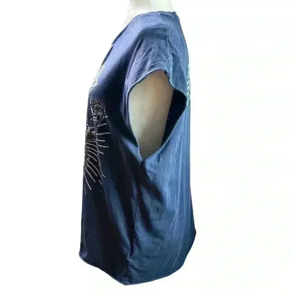 Zadig & Voltaire Womens Encre Cecilia Crystal embellished Cotton Tank top Size L - Picture 4 of 9